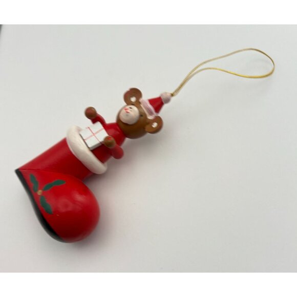 Vintage Wooden Santa Bear Christmas Tree Ornament in Red Stocking Hand Painted - Picture 7 of 8